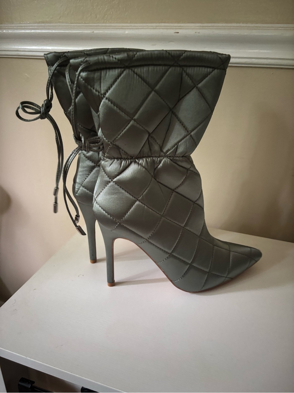 Cape Robbin Quilted Pointed-Toe Stiletto Booties - Sage Green